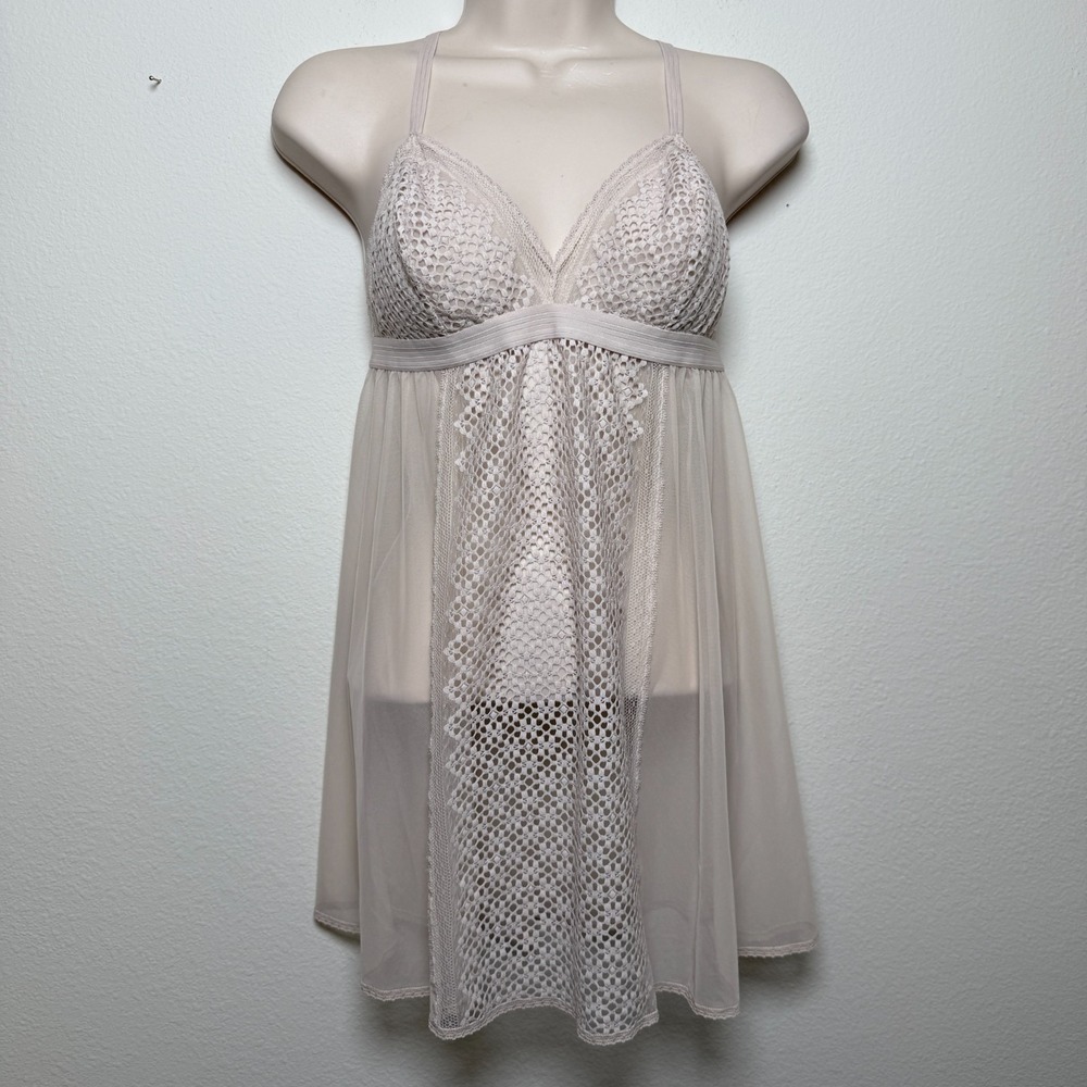 Women Coquette Cami Tunic Top Large Cream Sheer Micro Mesh Ethereal Babydoll‎